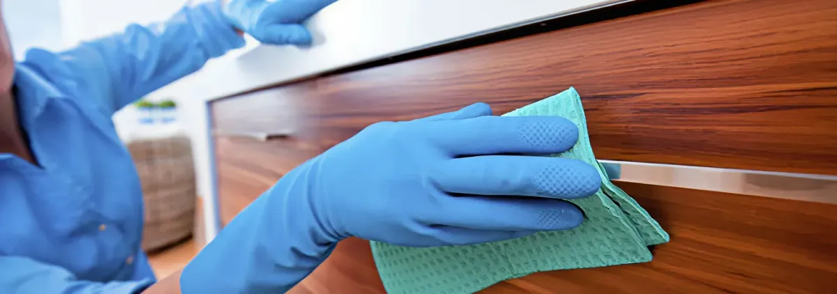 Cleaner wearing blue gloves wiping a wooden cabinet drawer with a microfiber cloth for dust and grime removal, Savannah, GA.